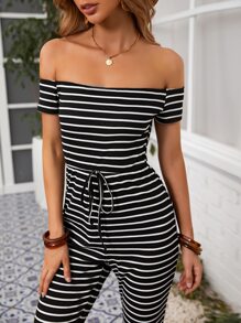 SHEIN VCAY Jumpsuit de hombros descubiertos de cintura con nudo de rayas - Blanco y Negro - Ver 3