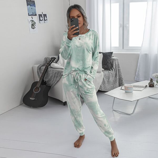 

Tie Dye Drop Shoulder Tee & Sweatpants Set, Mint green
