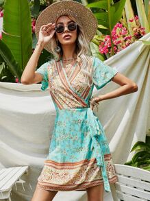 Floral Tie Side Wrap Dress - Multicolor - View 1