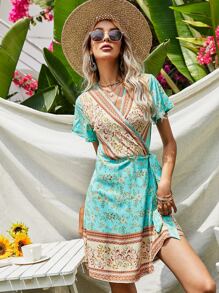 Floral Tie Side Wrap Dress - Multicolor - View 3