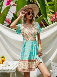 Floral Tie Side Wrap Dress - Multicolor - View 5