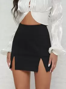 SHEIN BAE M-Slit High-Rise Mini Skirt - Black - View 3