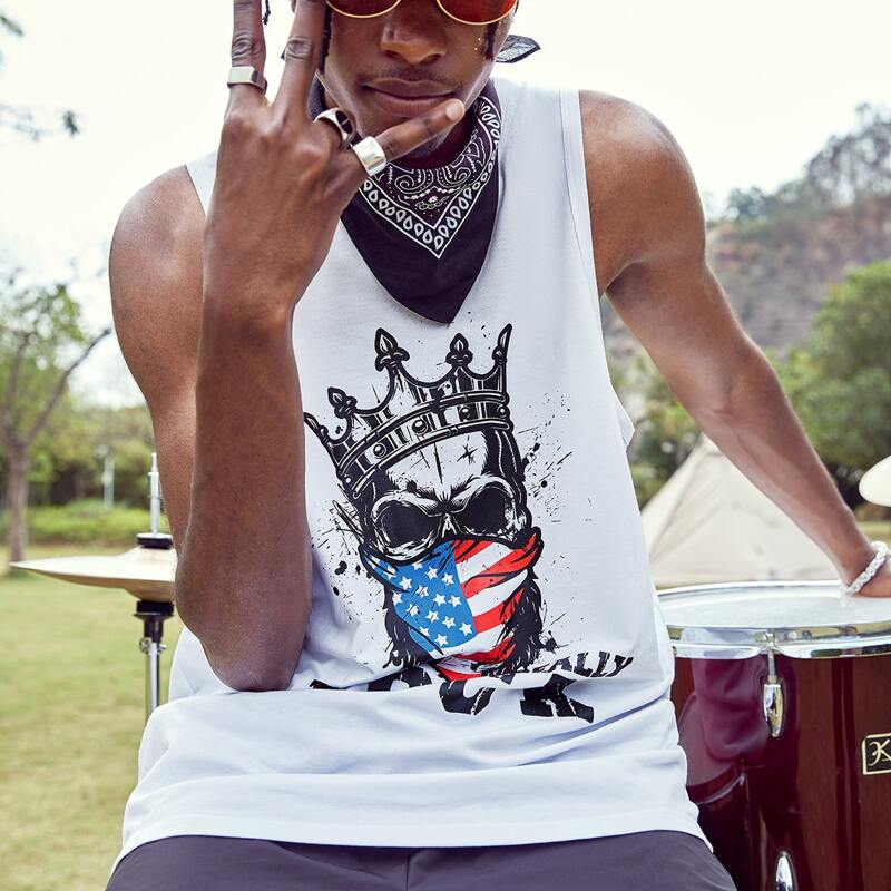 

Guys Letter & Skull Print Tank Top and Shorts Set, Black and white