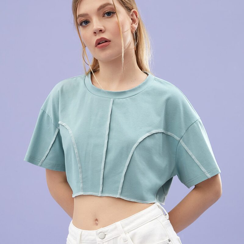 

Stitching Trim Crop Tee, Blue