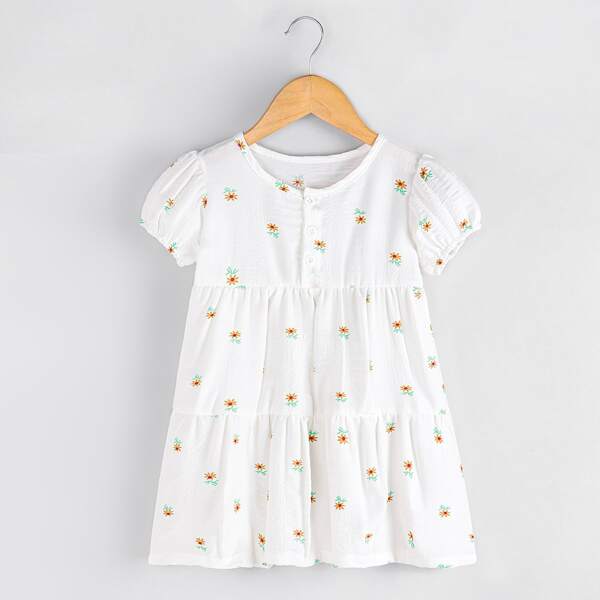 

Toddler Girls Floral Print Puff Sleeve Smock Dress, White