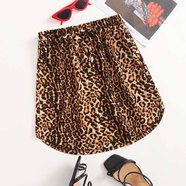 

Leopard Print Curved Hem Skirt, Multicolor