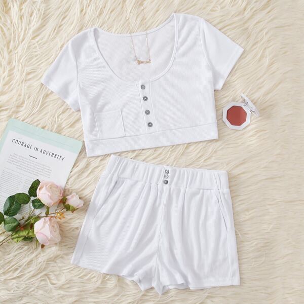 

Solid Pocket Patched Crop Tee & Shorts PJ Set, White