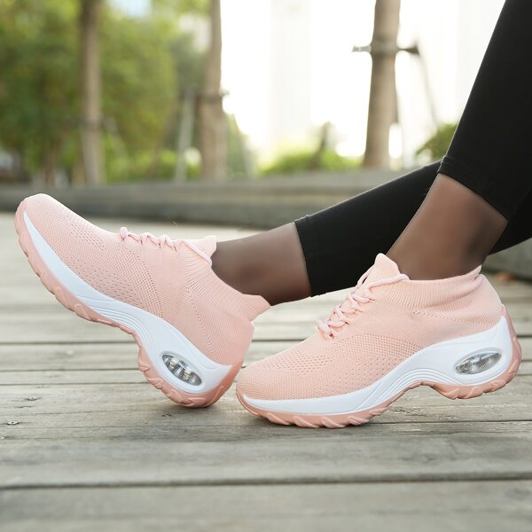

Lace Up Decor Knit Air Cushion Sneakers, Pink