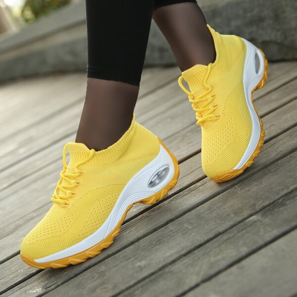 

Lace Up Decor Knit Chunky Sneakers, Yellow