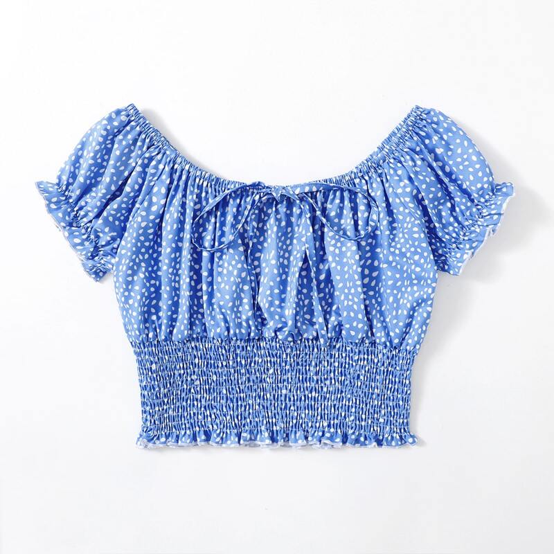 

Dalmatian Shirred Crop Top, Blue and white