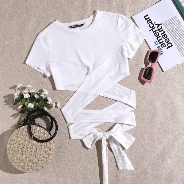 

Lace Up Waist Top, White