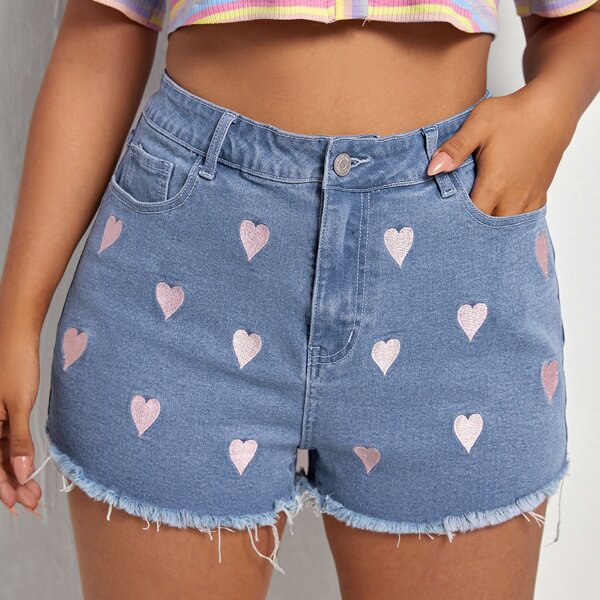 

Plus Heart Embroidery Raw Hem Denim Shorts, Light wash