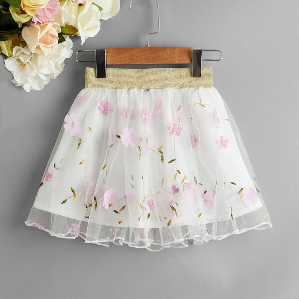 

Toddler Girls Applique Embroidered Mesh Skirt, White