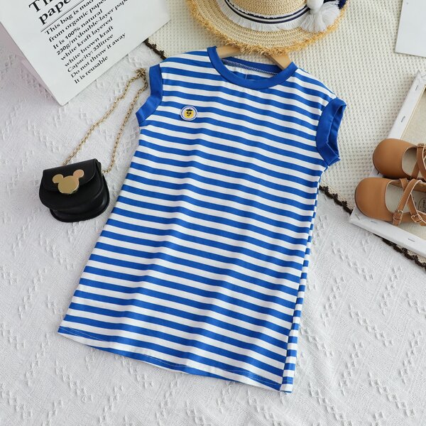 

Toddler Girls Patched Striped Tee Dress, Blue and white