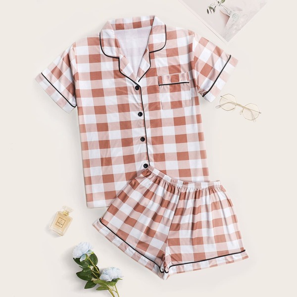 

Buffalo Plaid Piping Trim PJ Set, Multicolor