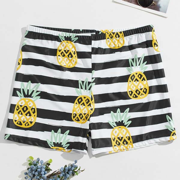 

Men Striped & Pineapple Print Swim Trunks, Black and white