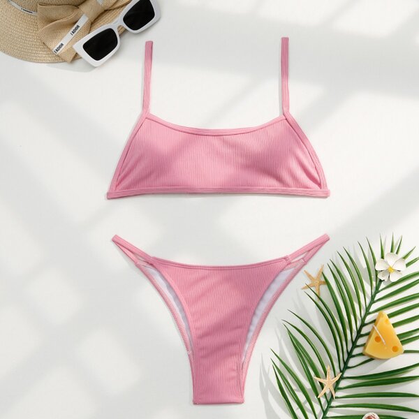

Rib Thong Bikini Swimsuit, Pink