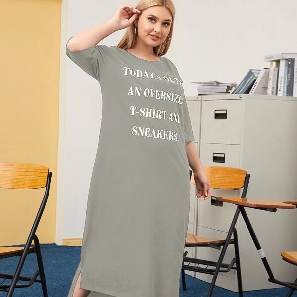 

Plus Slogan Graphic High Low Tee Dress, Grey