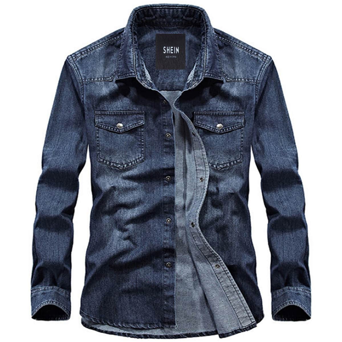 

Guys Button Up Flap Pocket Denim Shirt, Dark wash