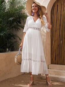 SHEIN Vestido De Maternidad Con Borde De Volantes Y Con Inserciones De Encaje - Blanco - Ver 3