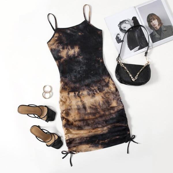 

Plus Tie Dye Drawstring Side Cami Bodycon Dress, Multicolor