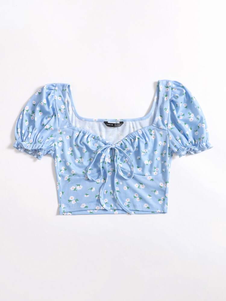 SHEIN MOD Plus Cottagecore Daisy Floral Milkmaid Top - Baby Blue - View 4