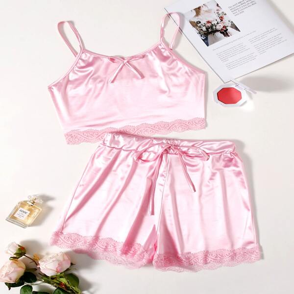 

Contrast Lace Satin Cami Night Set, Baby pink