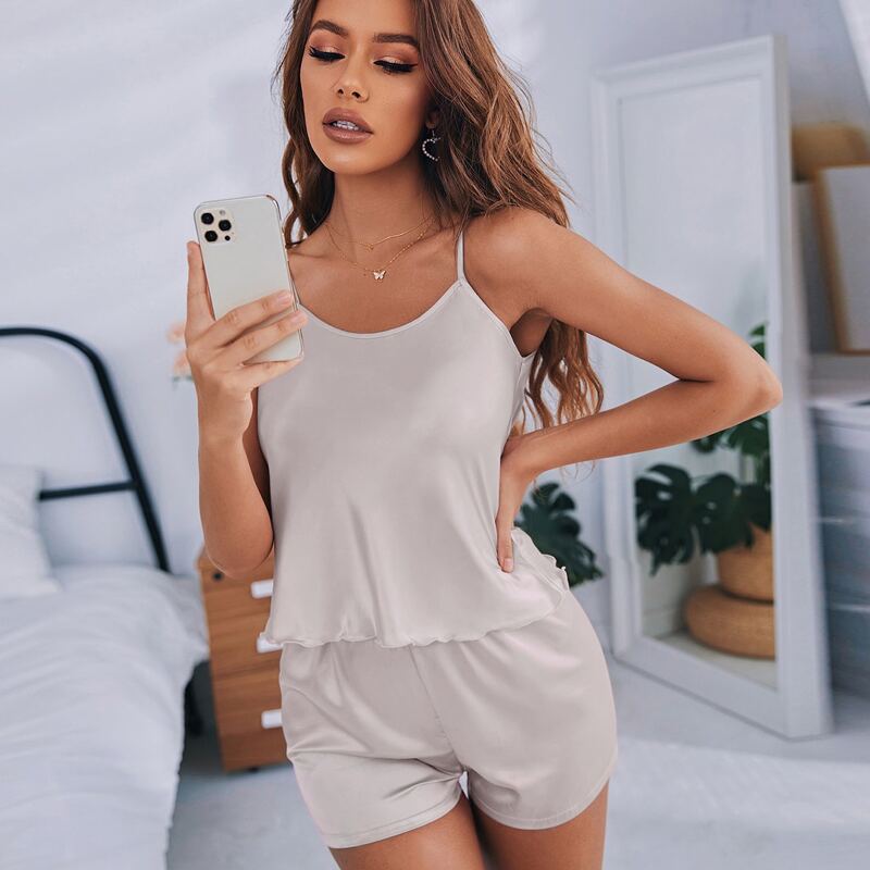 

Satin Crop Cami Top With Shorts Night Set, Beige
