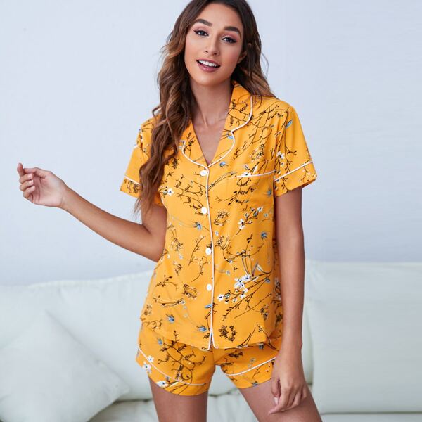 

Allover Floral Contrast Binding Night Set, Orange