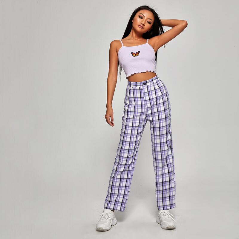 

Plaid Button Fly Straight Pants, Multicolor