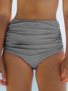 SHEIN Swim Summer Beach Striped Ruched Bikini Panty - Black and White - View 1