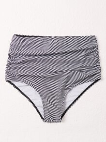 SHEIN Swim Summer Beach Striped Ruched Bikini Panty - Black and White - View 3