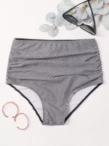 SHEIN Swim Summer Beach Striped Ruched Bikini Panty - Black and White - View 6