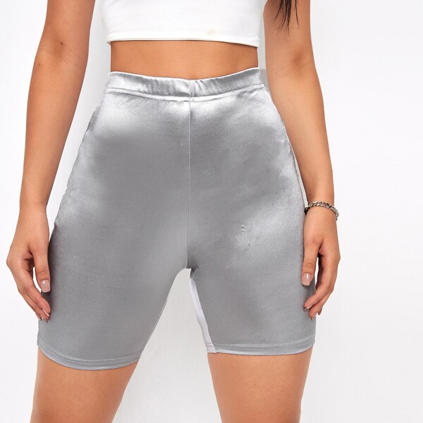 

Solid High Rise Biker Shorts, Grey