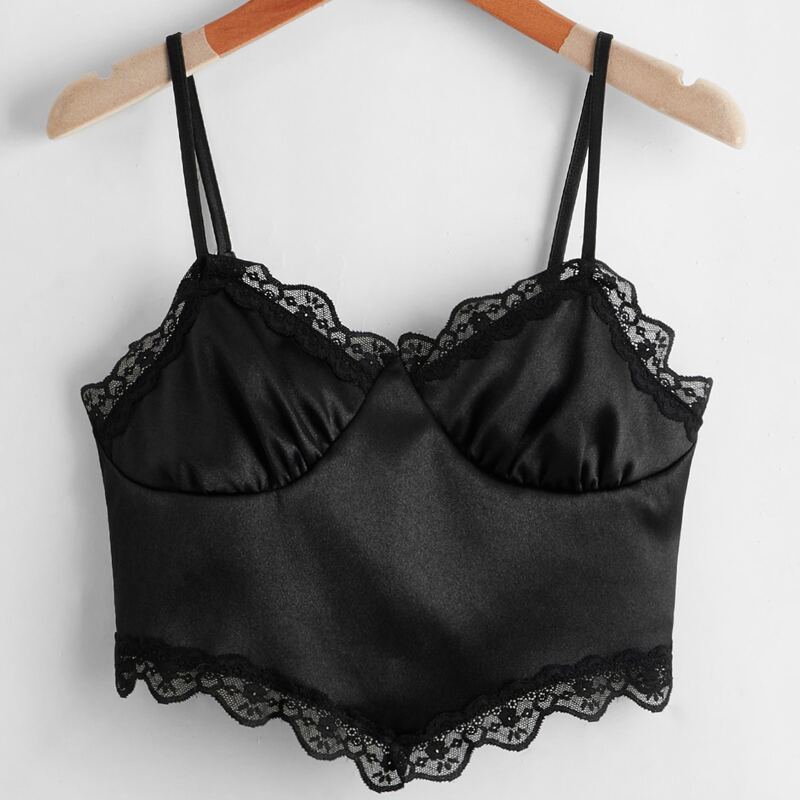 

Satin Contrast Lace Crop Cami, Black