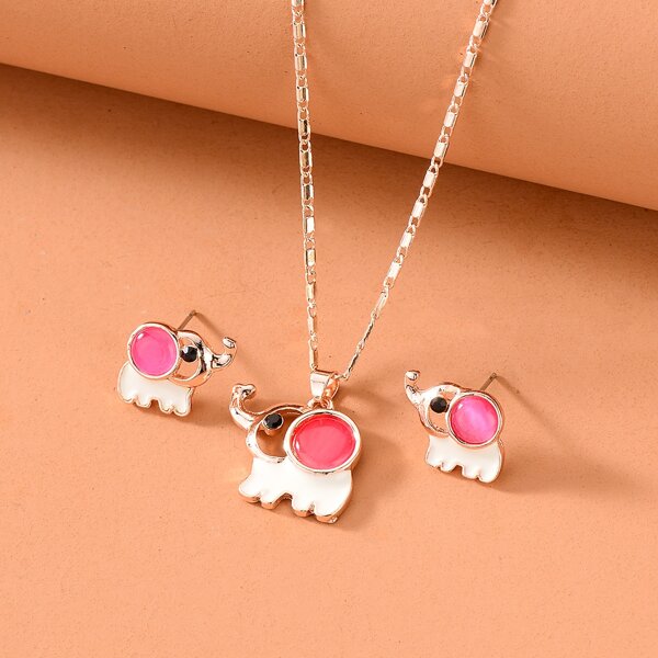 

Elephant Charm Necklace & 1pair Stud Earrings, Rose gold