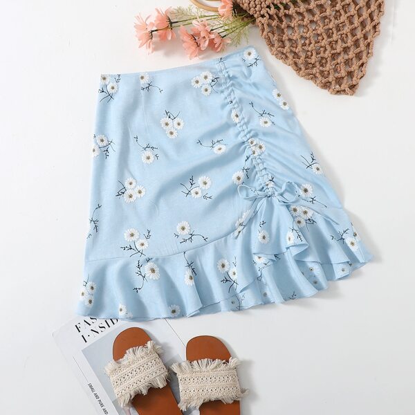 

Floral Print Drawstring Ruffle Hem Skirt, Baby blue