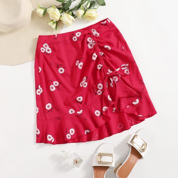 

Floral Print Drawstring Ruffle Hem Skirt, Rose red