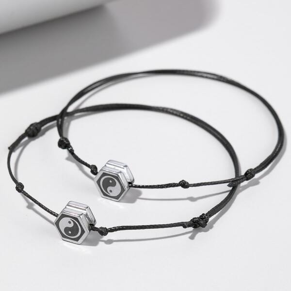 

2pcs Men Yin & Yang Decor Bracelet, Black