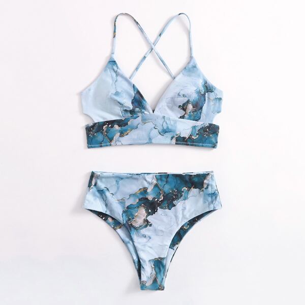 

Marble Print High Waisted Bikini Swimsuit, Multicolor