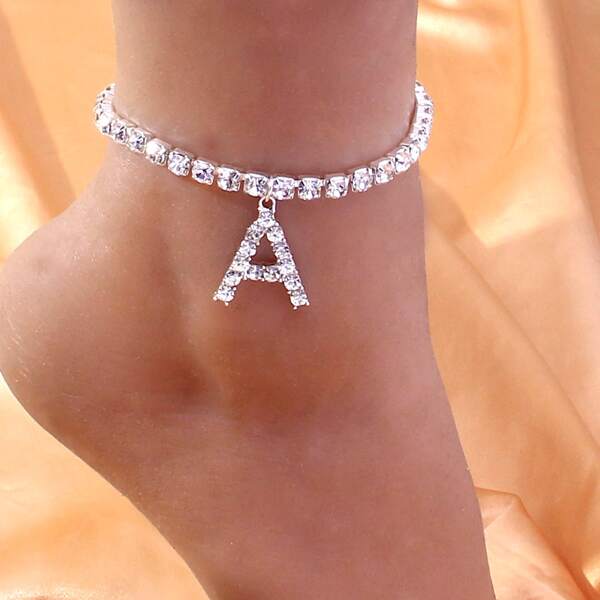 

Rhinestone Letter Charm Anklet, Silver