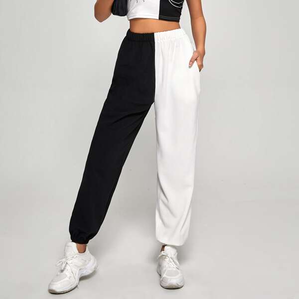 

Two Tone Elastic Waist Sweatpants, Black and white