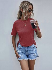 Drawstring Ruched Side Solid Tee - Redwood - View 1