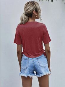 Drawstring Ruched Side Solid Tee - Redwood - View 2