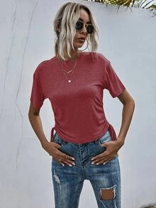 Drawstring Ruched Side Solid Tee - Redwood - View 3