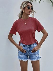 Drawstring Ruched Side Solid Tee - Redwood - View 4