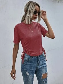 Drawstring Ruched Side Solid Tee - Redwood - View 5
