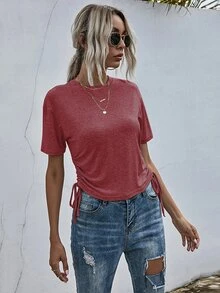 Drawstring Ruched Side Solid Tee - Redwood - View 6