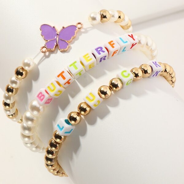

3pcs Girls Butterfly & Letter Decor Beaded Bracelet, Multicolor