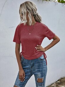 Drawstring Ruched Side Solid Tee - Redwood - View 7